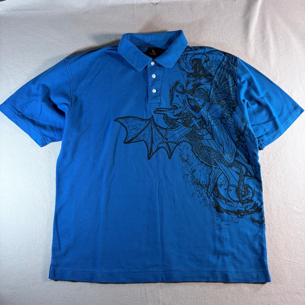 Karl Kani Gold Mens XXL Blue Graphic Polo Shirt Y2K Dragon Angel Streetwear